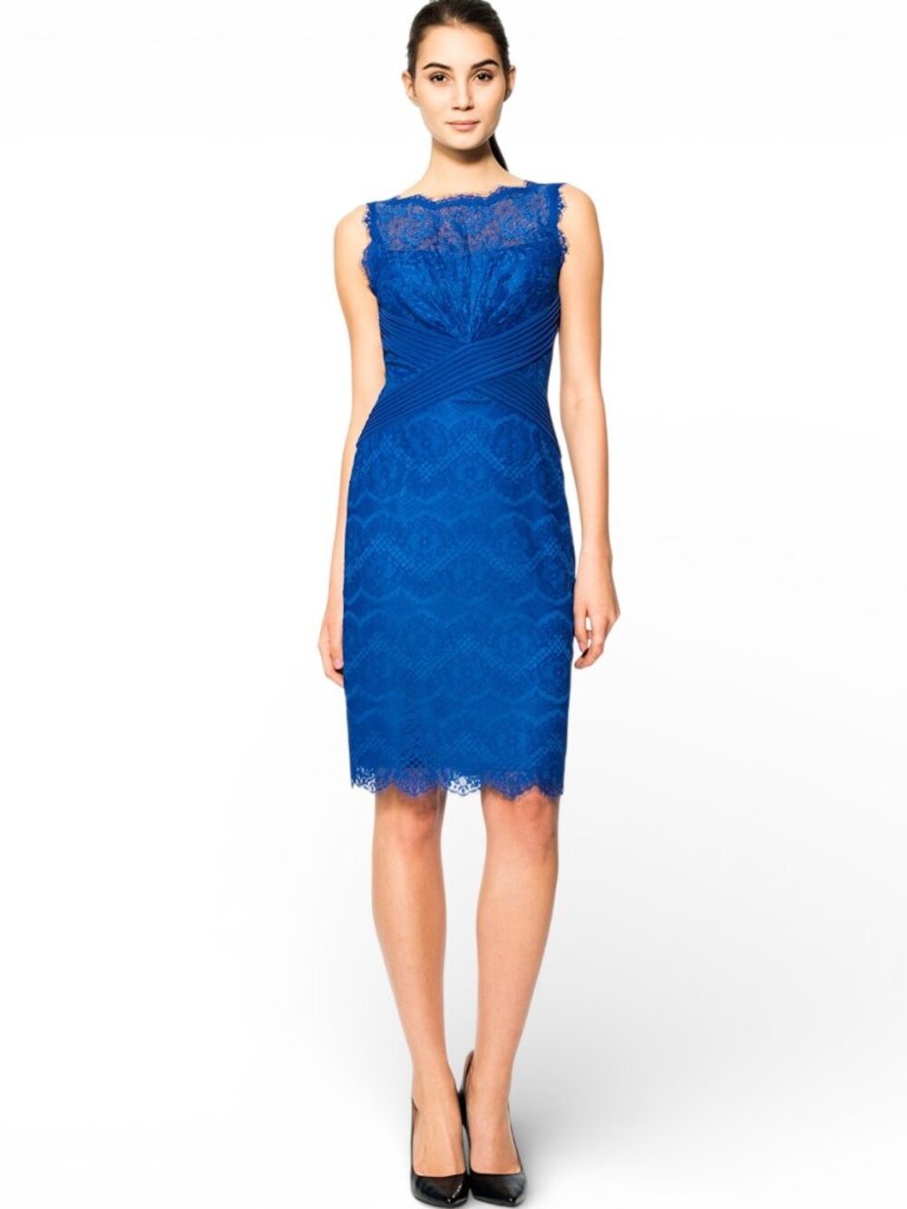 Tadashi Shoji Royal Mystic Blue Chantilly Lace Boatneck Sheath Dress New NWOT 6